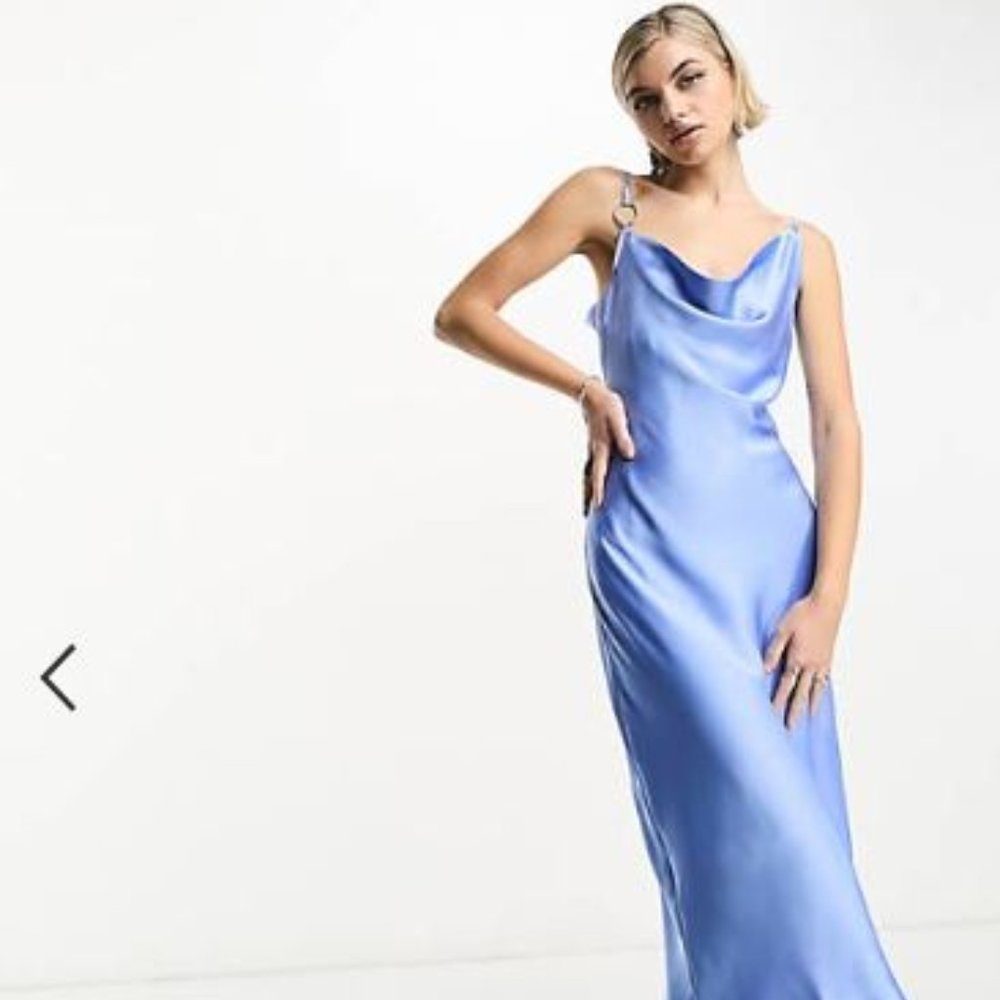COLLUSION cowl neck metal ring detail slip maxi dress in blue